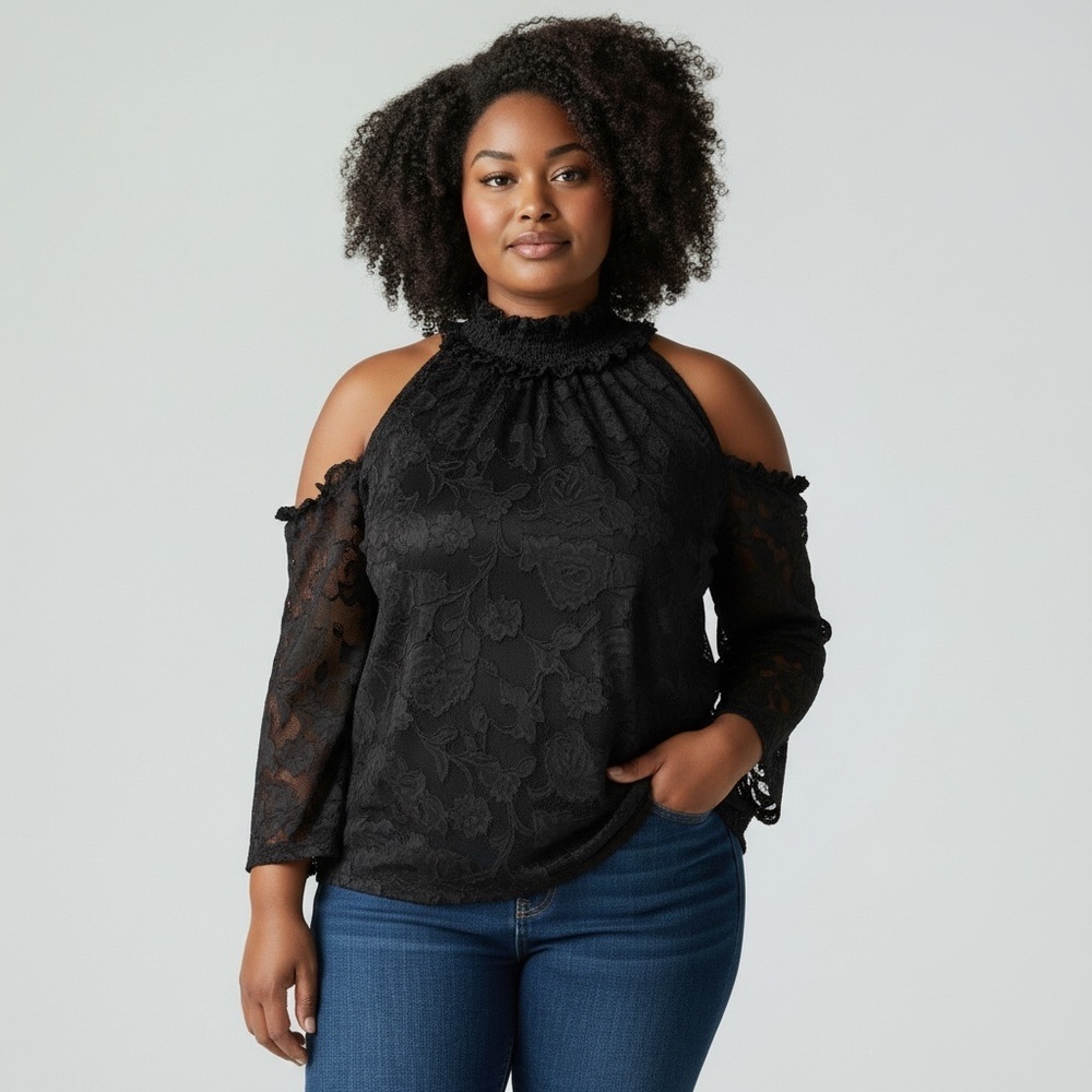 SHEIN Elegant Cold Shoulder Top Long Sleeve Black Plus Size 2XL Blouse